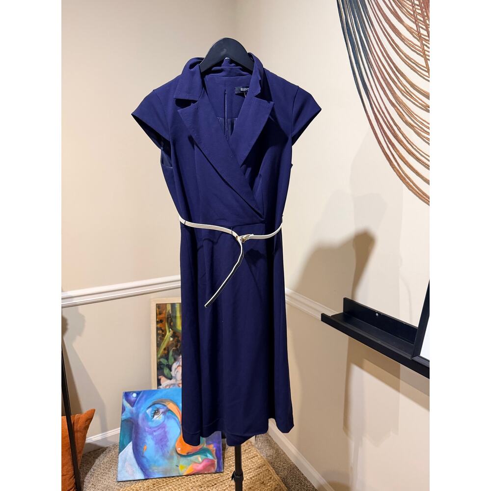 Ellen Tracy Navy blue cap sleeve belted dress wardrobe staple 4 euc